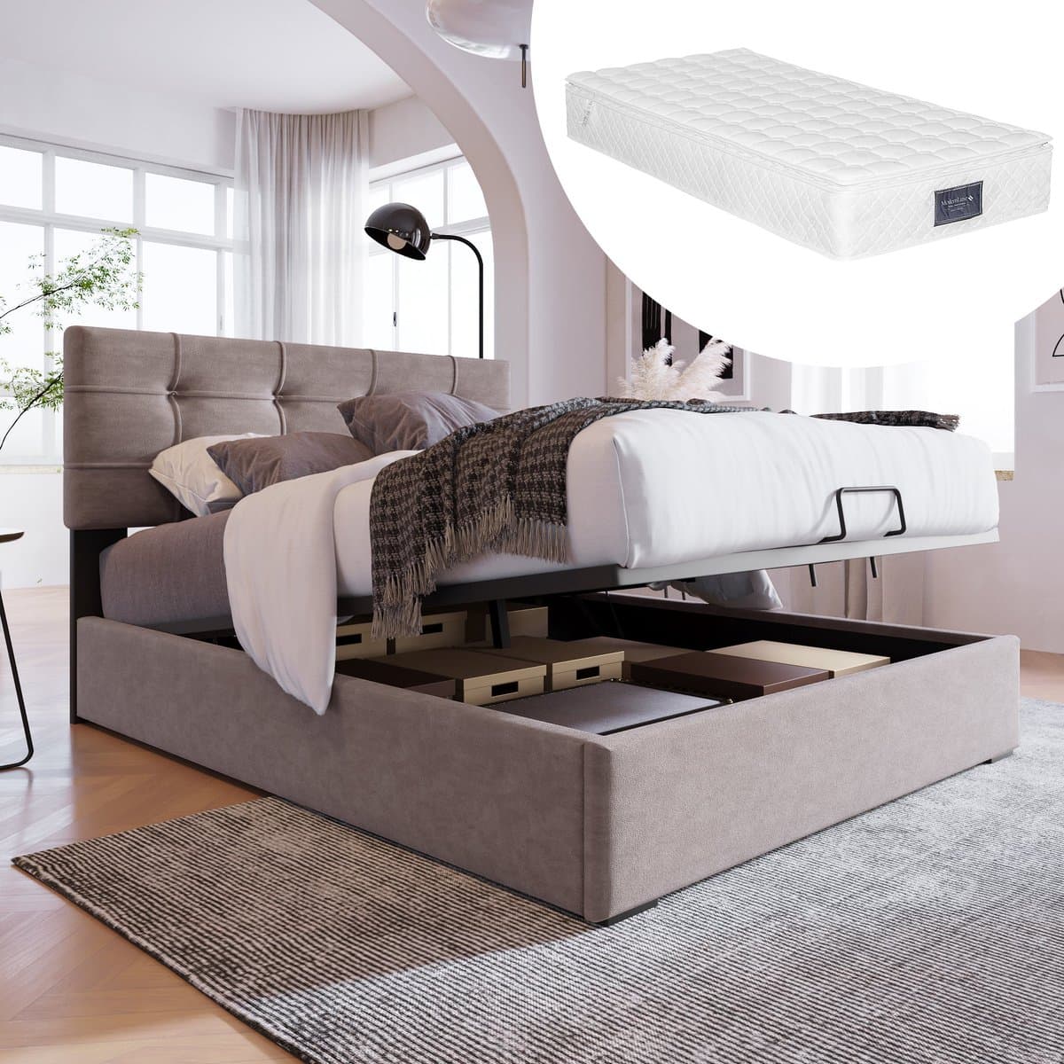 Merax Hydraulisch Eenpersoonsbed 90x200 cm - Verstelbaar Hoofdbord - Gestoffeerd Bed met Metalen Lattenbodem en Opbergruimte - Modern Bedframe van Fluweel - Lichtgrijs (Inclusief Matras)