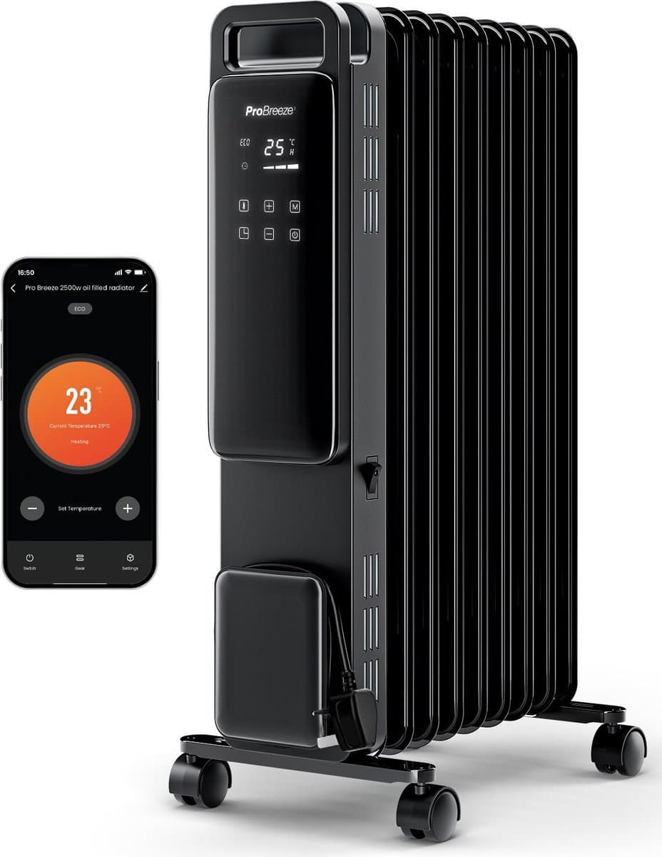 Pro Breeze OmniWarm - Elektrische Kachel met Smart App 2500W - Verplaatsbaar en Krachtige Wi-Fi Olieradiator - Ingebouwde 24-uurs Timer, 3 Modi, Verstelbare Thermostaat en Veiligheidsuitschakeling - Zwart