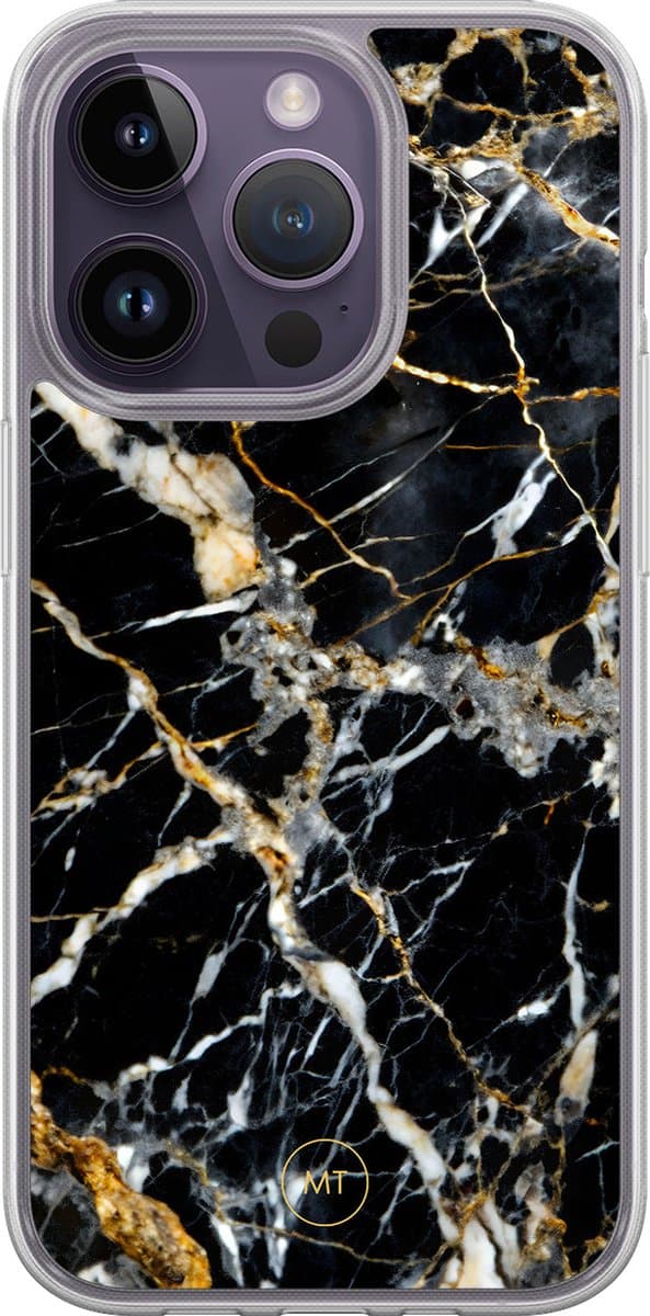Hybride hoesje geschikt voor iPhone 15 Pro - Black marble elegance - Extra bescherming - Luxe beschermhoes - TPU case - Transparant, Zwart, Goud - Mooie Telefoonhoesjes