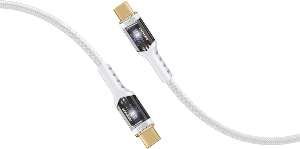 ProMate® Premium USB-C naar USB-C kabel, Snel Opladen 100W Power Delivery Type-C kabel met transparante uiteinden, LED, 25000+ lange buiglevensduur, 480Mbps datasynchronisatie en 120cm nylon gevlochten snoer voor Smartphones, Laptops, Wit.