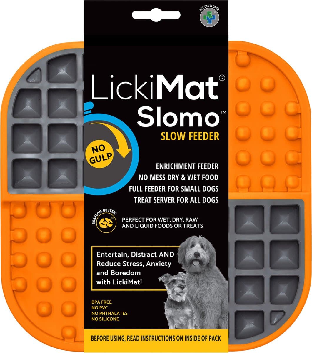 Lickimat Slomo - slowfeeder voor kat en kleine hond - tegen schrokken - oranje