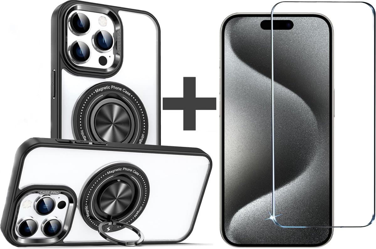 BixB hoesje met screenprotector van gehard glas Geschikt voor iPhone 15 Pro Magsafe Transparant hard backcover met Draaibare Ringhouder - Zwart