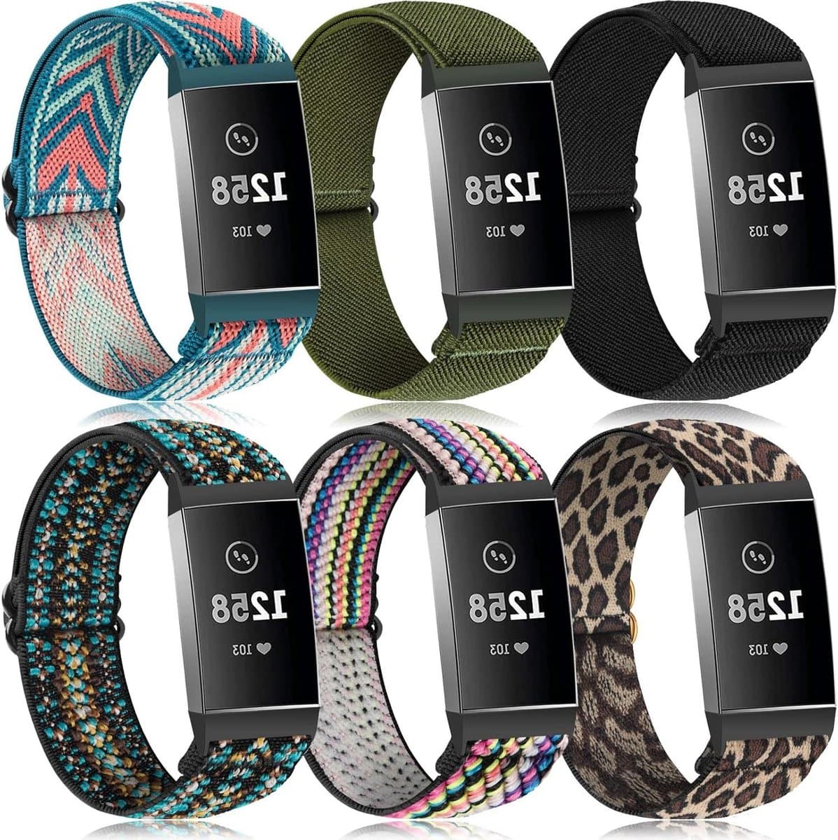 6-delige armbanden voor Fitbit Charge 3 4 - Nylon elastisch verstelbaar - Dames Heren - Reserveband Charge 4 3