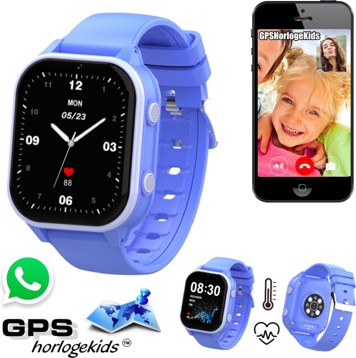 GPSHorlogeKids© - GPS horloge kind - smartwatch kinderen - WhatsApp - 4G videobellen - spatwaterdicht - SOS alarm -meting hartslag & temperatuur - incl SIM - Edge Pro Blauw
