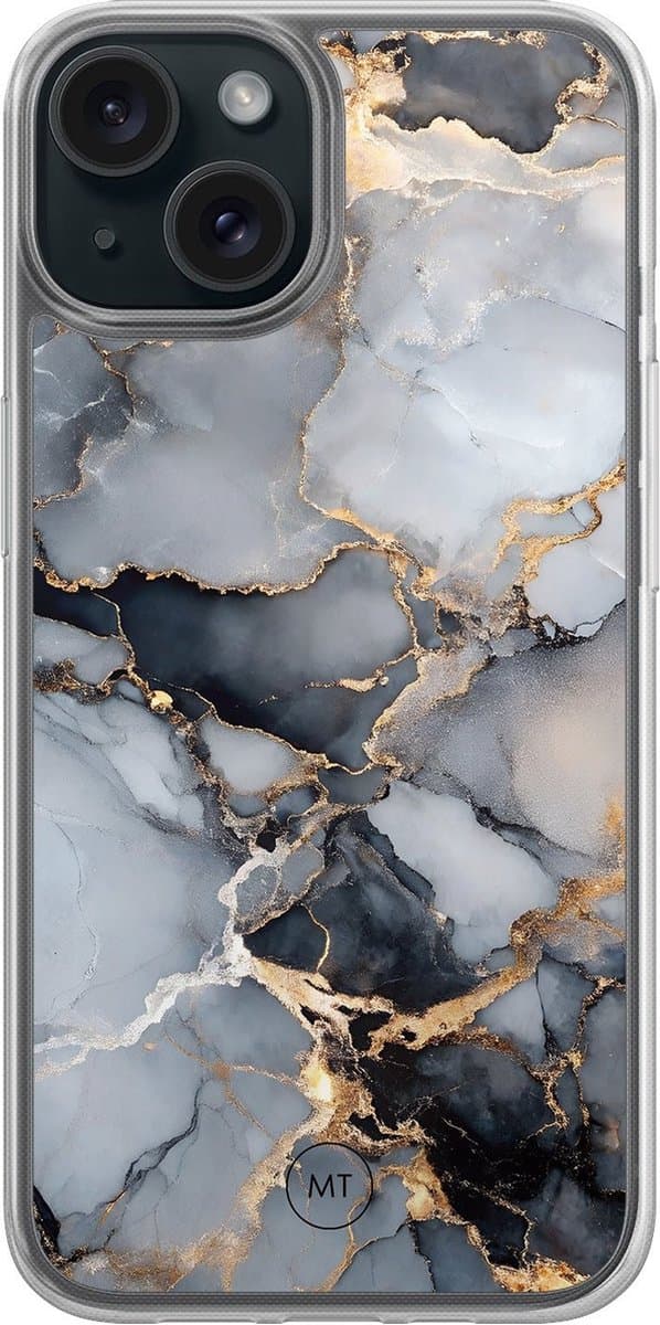 Hybride hoesje geschikt voor iPhone 14 - Marble mist - Extra bescherming - Luxe beschermhoes - TPU case - Transparant, Grijs, Goud - Mooie Telefoonhoesjes