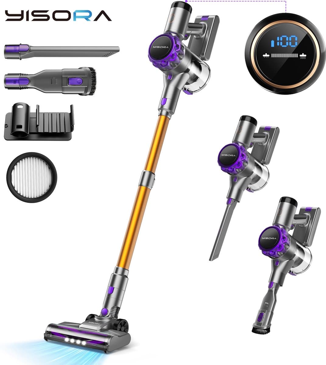 YISORA S3 snoerloze steelstofzuiger, 33KPa krachtige zuigkracht, 80 minuten automatische werking,6 filterniveaus, LED-verlichting