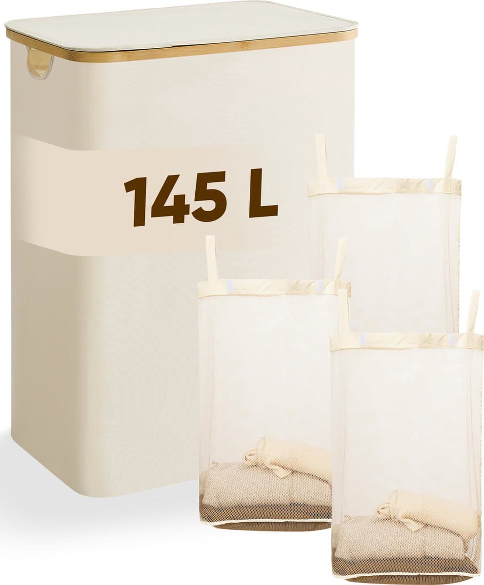 DARI. - Wasmand 3 vakken - Wassorteerder - 145L - met 3 uitneembare zakken - wasmand - beige - knopen