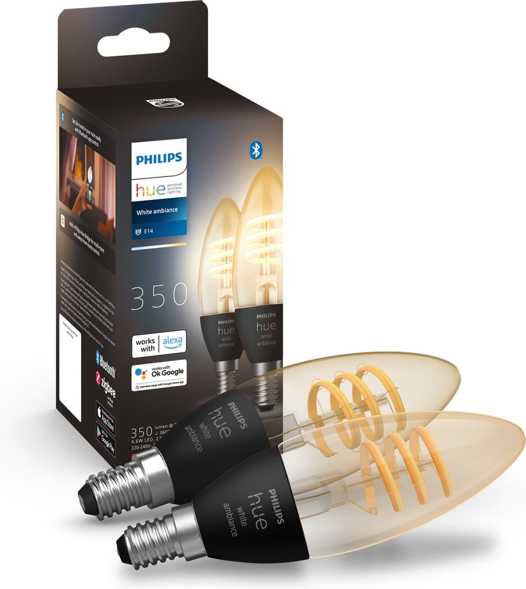 Philips Hue Filamentlamp White Ambiance kaarslamp E14 2-pack