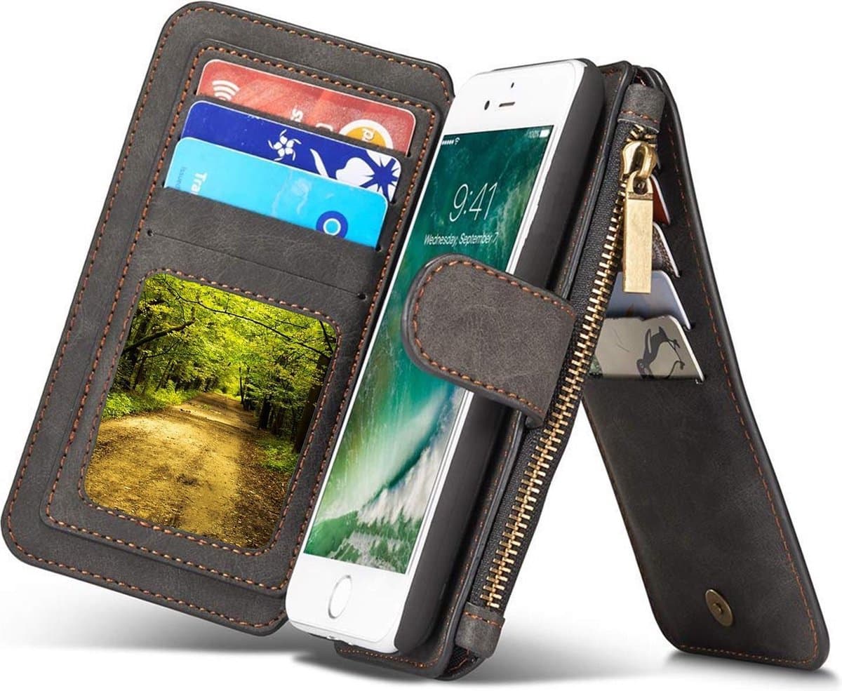 Hoesje geschikt voor Apple iPhone 7 Plus / 8 Plus Hoesje Portemonnee Luxe Kunstlederen Wallet Case met Afneembare Back Cover iCall - Zwart