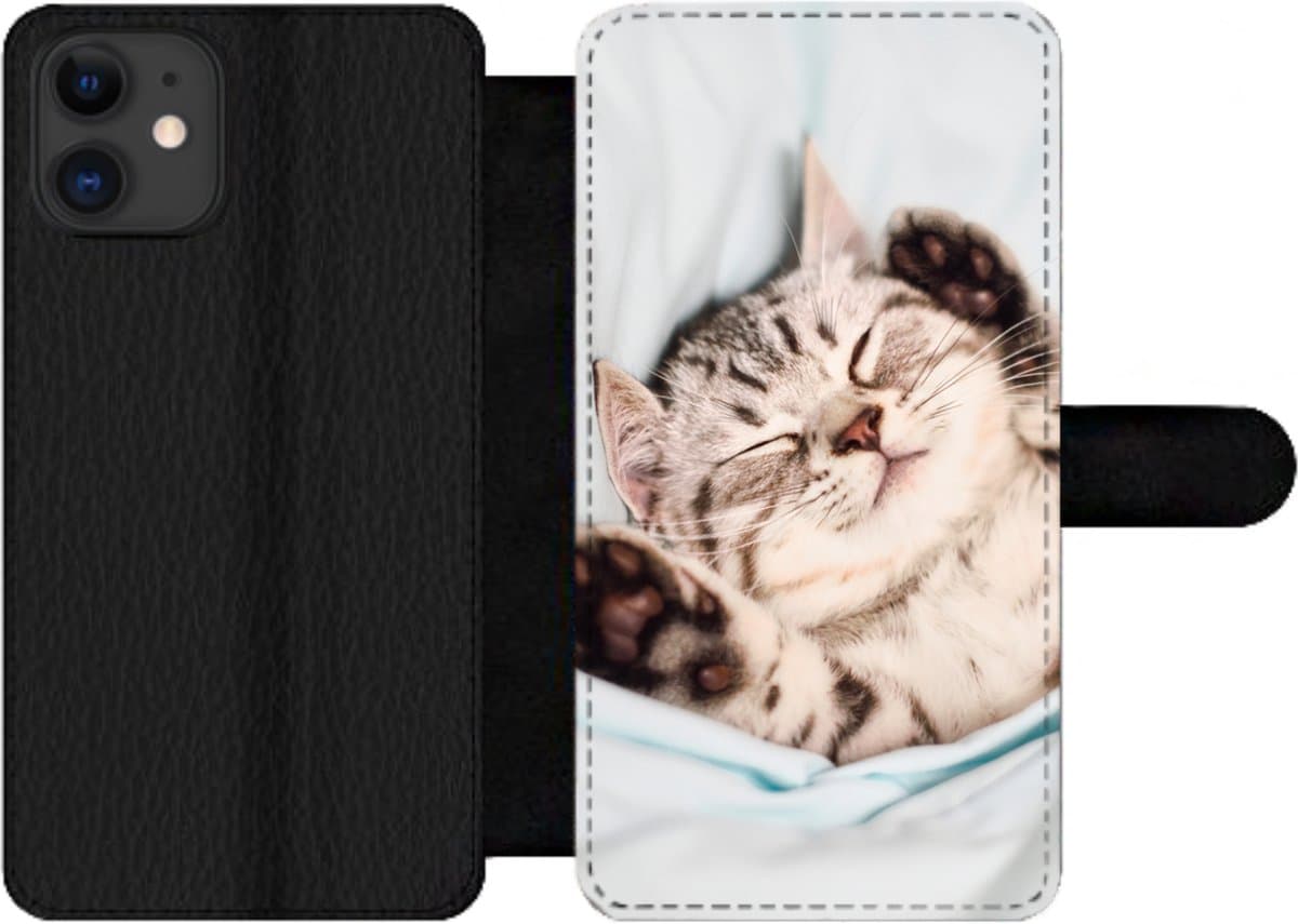 Telefoonhoesje Geschikt voor iPhone 12 Pro Max telefoonhoesje - Kitten - Grappig - Bed - Kinderen - Jongens - Meisjes - Kids - Met vakjes - Wallet case met magneetsluiting