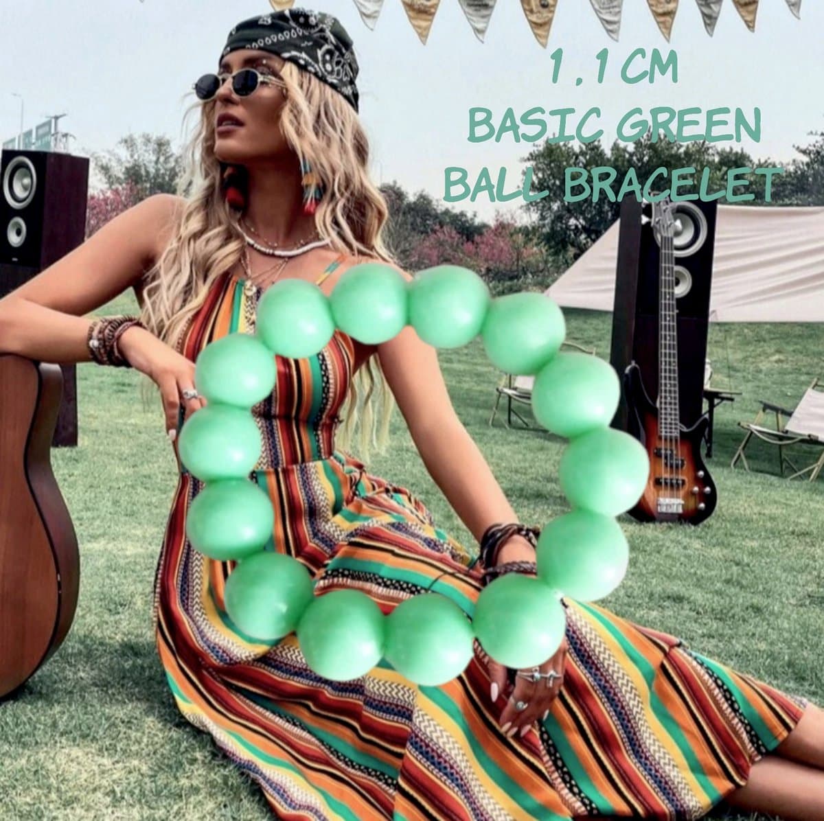 Fashion Jewelry - Going Retro® - Kunststof ballen op rekband - armband - 1,1 cm - basic groen - volwassenen jeugd - unisex - casual feest carnaval festival