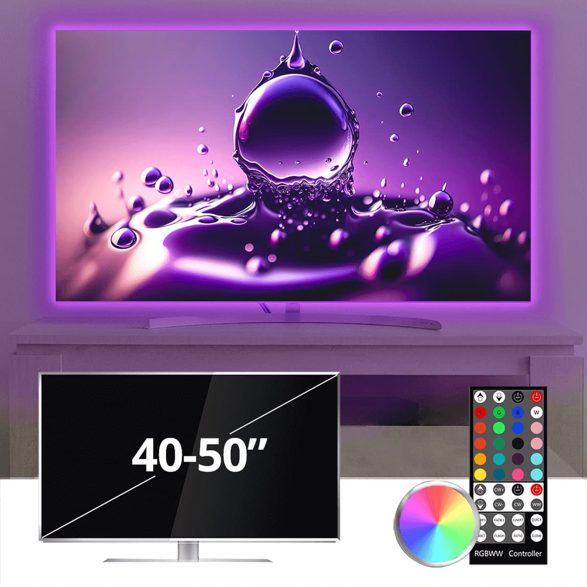 TV ledstrip USB - 40-50 inch - 4 strips - RGBWW - Inclusief IR afstandsbediening - Plug&Play - TV backlight led strip