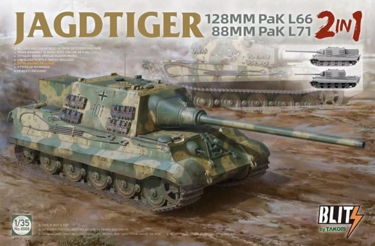 Takom Modelbouwpakket Militaire voertuigen - 8008 Jagdtiger 128 mm Pak L66 - 88mm Pak L71 - 2 in 1 Plastic - 1:35 - Modelbouw