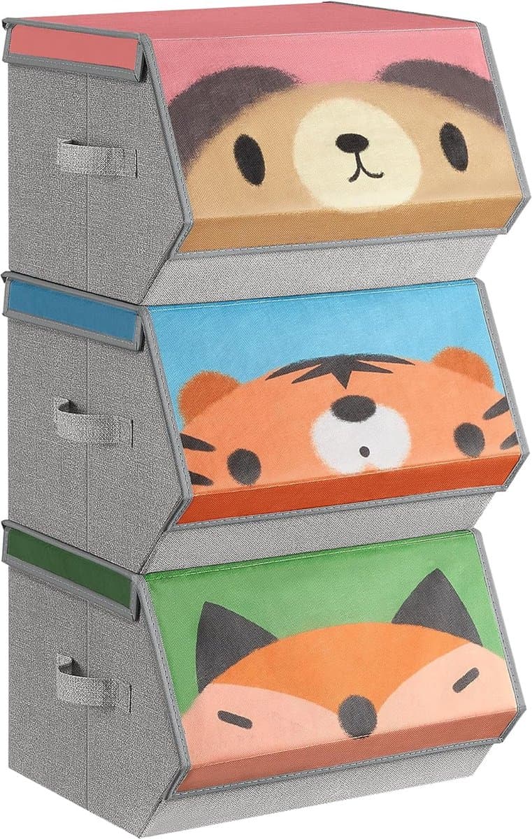 Opbergdozen - Set van 3 - Opvouwbare Dozen - Stoffen Dozen met Handvatten - Organisator - Magnetisch Deksel - voor Kinderkamer - Speelkamer - Dierenmotieven - Roze - Blauw, Groen en Grijs - 38cm x 35cm x 25cm