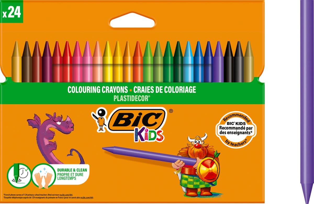 BIC Kids Plastidecor - Waskrijtjes - Vlekbestendig - Krijt - Waskrijt - Kinderen - 24 Stuks