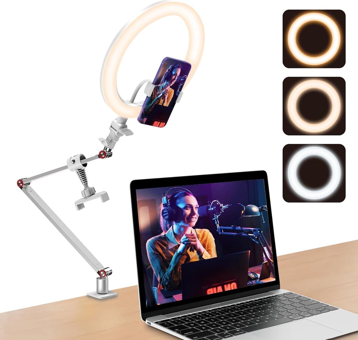 Verstelbare Bureauarmstandaard met Videoconferentielicht en Telefoonhouder - Professionele Werkplek Optimalisatie - Handsfree Werken en Videobellen - Gemakkelijk te Monteren - Geschikt voor Smartphones - Ergonomisch Ontwerp - Duurzaam Materiaal