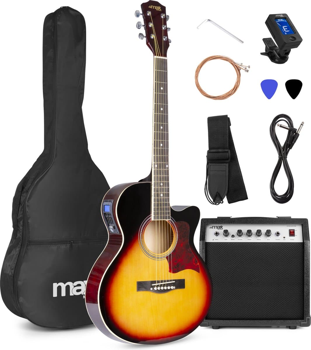 Elektrisch akoestische gitaar - MAX ShowKit gitaarset 4/4 - Met 40W gitaar versterker, gitaar stemapparaat, gitaartas en plectrum - Sunburst