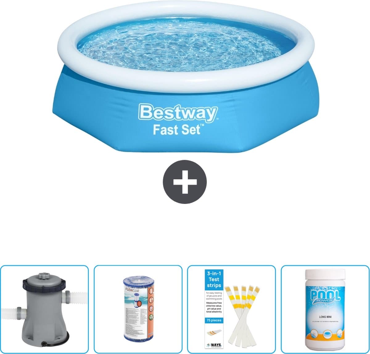 Bestway Rond Opblaasbaar Fast Set Zwembad - 244 x 61 cm - Blauw - Inclusief Pomp Filter - Testrips - Chloor