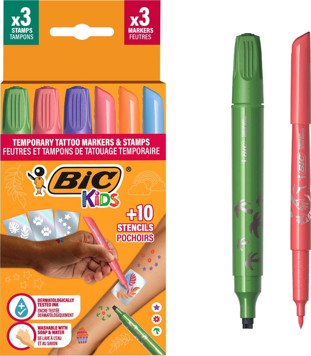 BIC Kids - Tijdelijke tattoo set voor kinderen - Set van 3 Markers, 10 Stencils, 3 Stempelstiften - Neptattoo - Veilig voor de huid