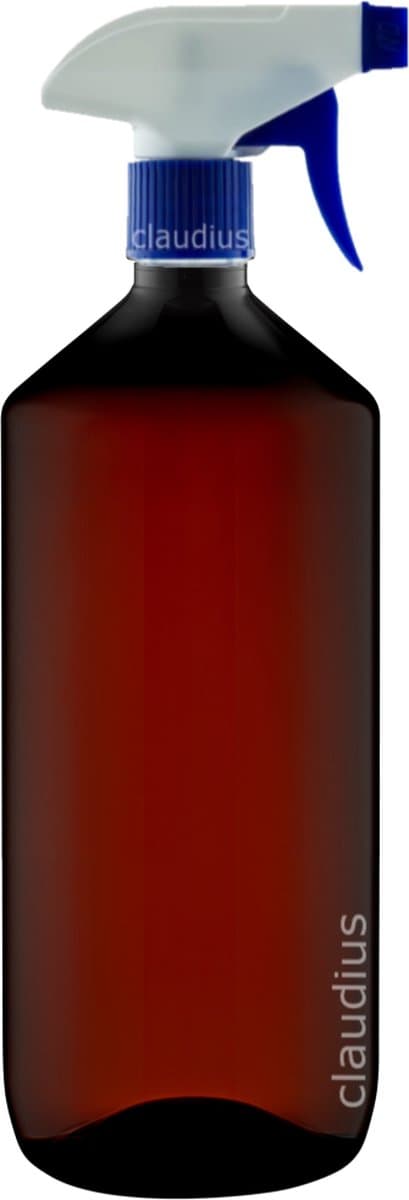Lege Plastic Fles Apothekersfles 1 Liter PET Amber bruin - met blauwe spraykop - set van 10 stuks - navulbaar - leeg