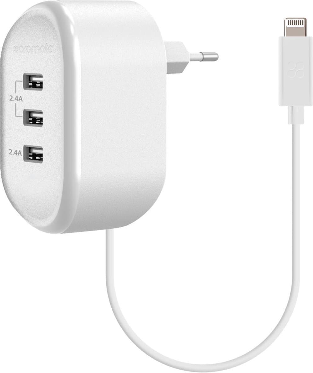 Promate Tornado-3LT Thuislader met Apple Lightning Connector en 3 USB poorten (Wit)