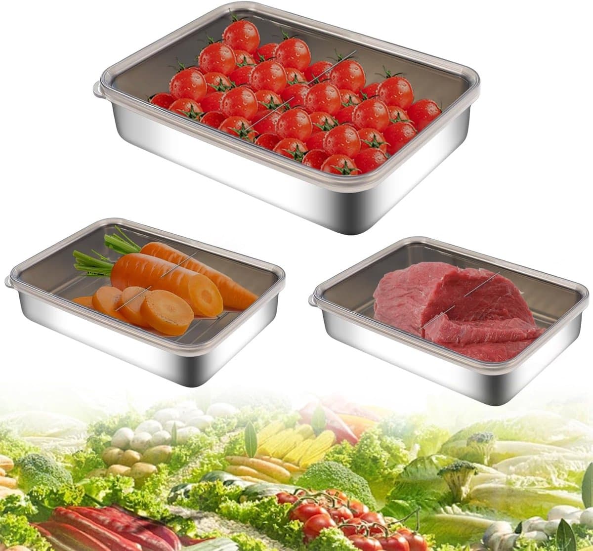 Set van 3 Roestvrijstalen Vershoudbakjes met Deksel voor Koelkast, Fruit, Vlees, Kaas