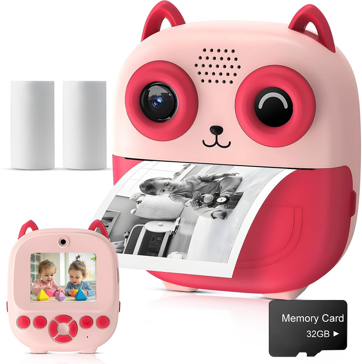 Ohome 3-in-1 Digitale Kindercamera met Instant Print - Digitale Fotocamera & Vlogcamera - 24MP - 32GB SD Kaart & Kaartlezer - Selfie Camera - Foto & Video - Filters & Spelletjes - Incl. 2 Printrollen - Roze