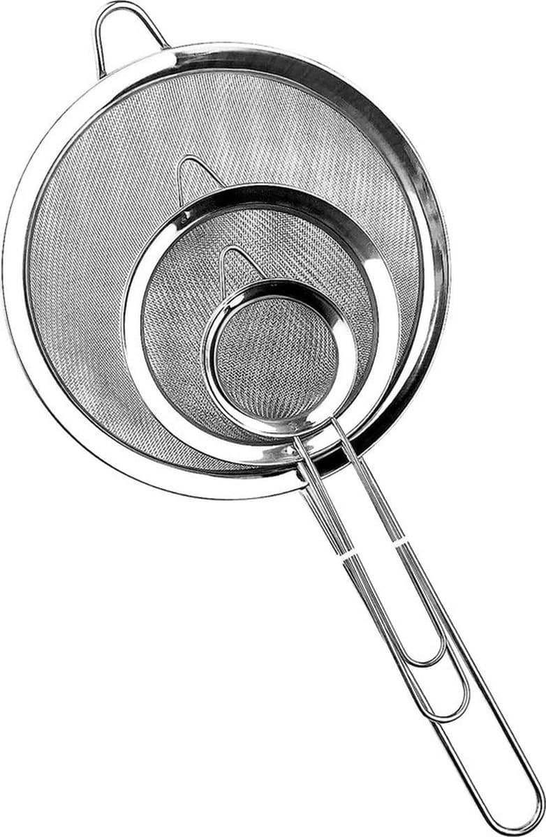 Set van 3 roestvrijstalen keukenzeefjes 19/25/36,5 cm, fijnmazige zeef met handvat, meelzeef voor levensmiddelen en groenten, sausscheider, pastazeef (zilver)