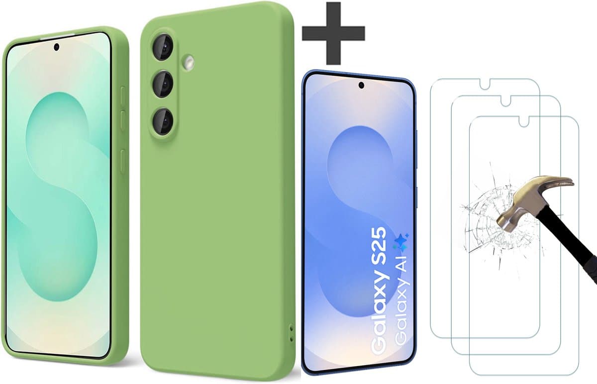 BixB hoesje met 3 Stuks screenprotectors van gehard glas geschikt voor Samsung Galaxy S25 hoesje zacht siliconen backcover - Groen