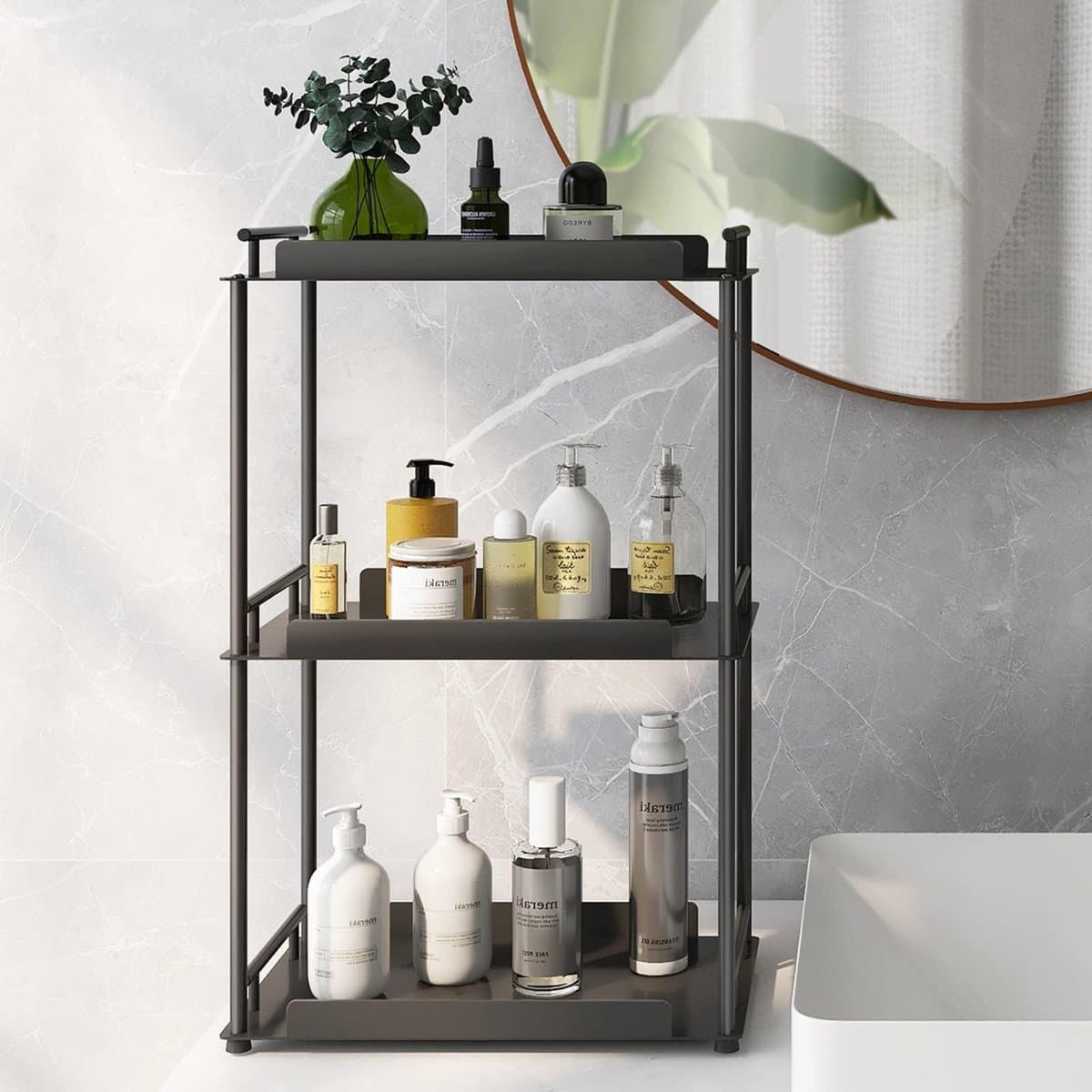 My Ninki ® Multifunctioneel Vrijstaand Rek voor Keuken, Badkamer en Slaapkamer met Drie Niveaus in Zwart Metaal