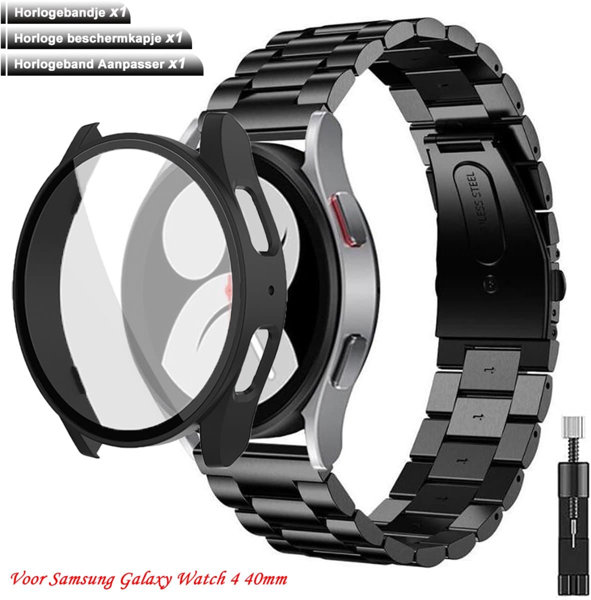 【Voordeelbundel】Stravo RVS Stalen Schakelbandje Zwart + TPU Case Zwart + Horlogebandje Aanpasser - Geschikt voor Samsung Galaxy Watch 4 40mm - Beschermhoes voor Galaxy Watch 4 40mm Smartwatch