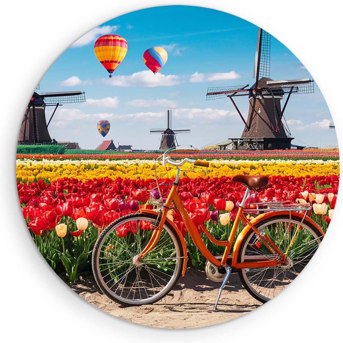 Saammp Muurcirkel Hout - Fiets - Molens met Tulpenvelden - Natuur - Ø 30 - Wandcirkel - Wanddecoratie Cirkel - Muurdecoratie Woonkamer - Slaapkamer decoratie - Rond Schilderij