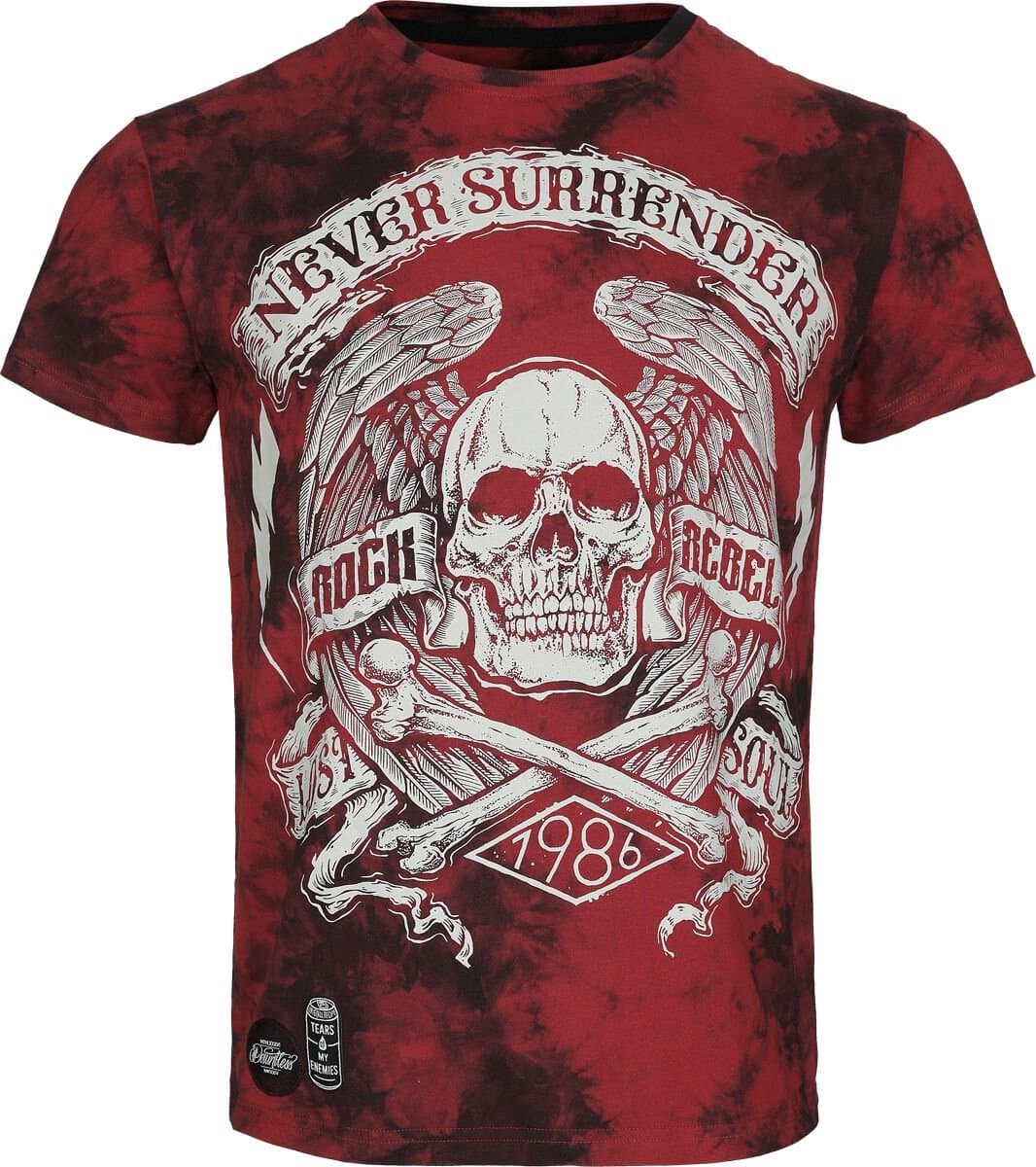 Rock Rebel by EMP rood-zwart t-shirt Never Surrender doodskop in batiklook - Heren - L