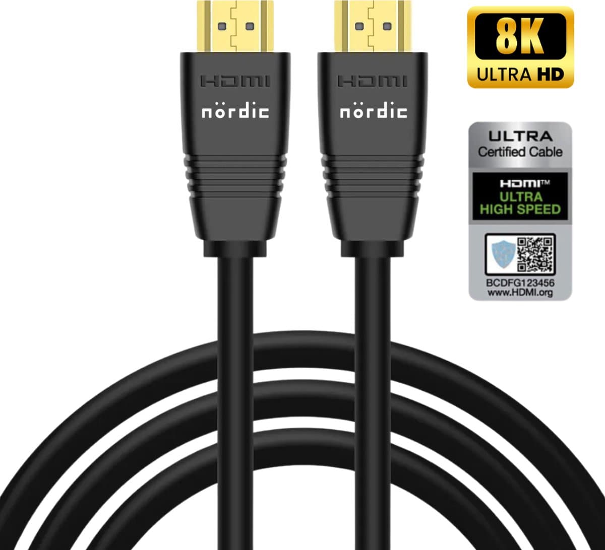 NÖRDIC HDMI 2.1 Kabel - Gecertificeerd - Extra stevig - 8K60Hz - 48Gbps - Vergulde connectoren - 3m - Zwart