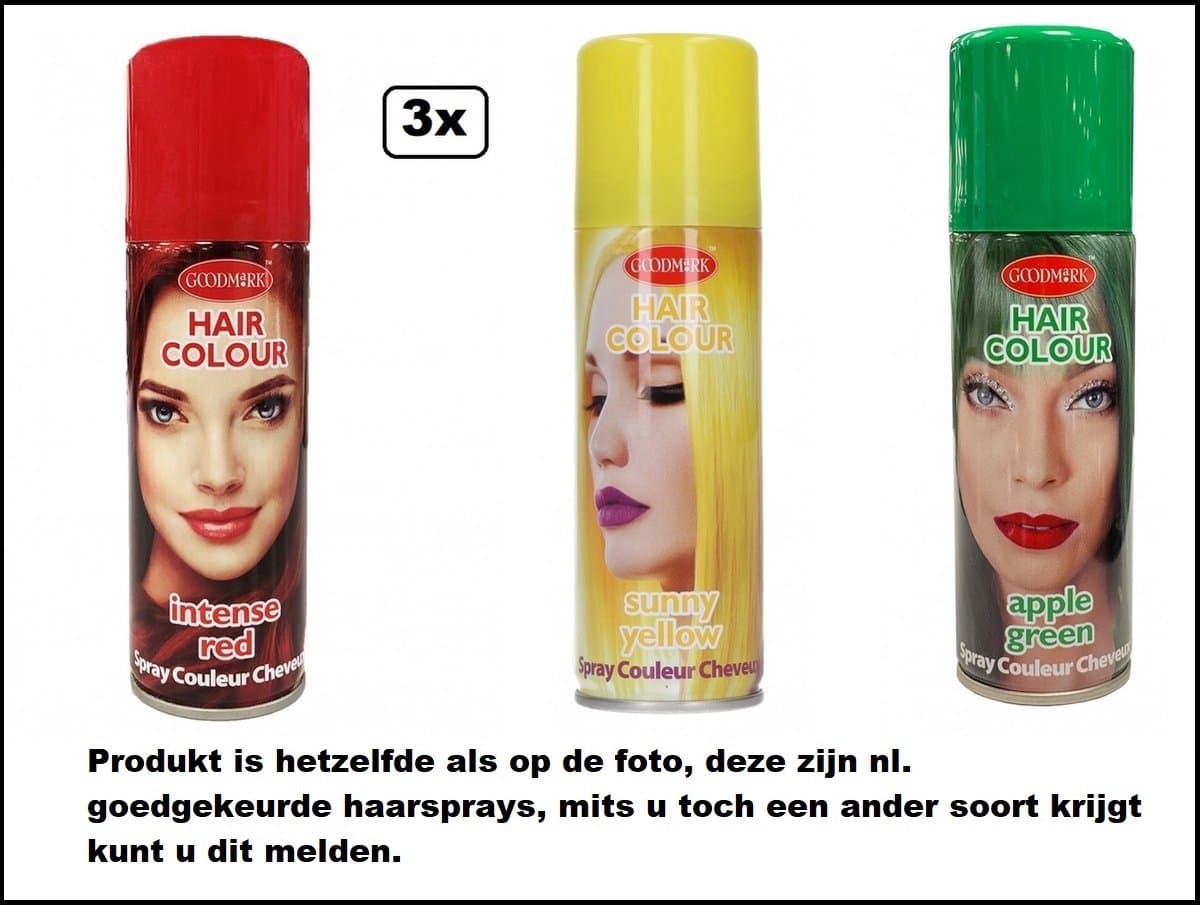 3x Haarspray rood/geel/groen 125 ml - Festival thema feest carnaval haar kleurspray party