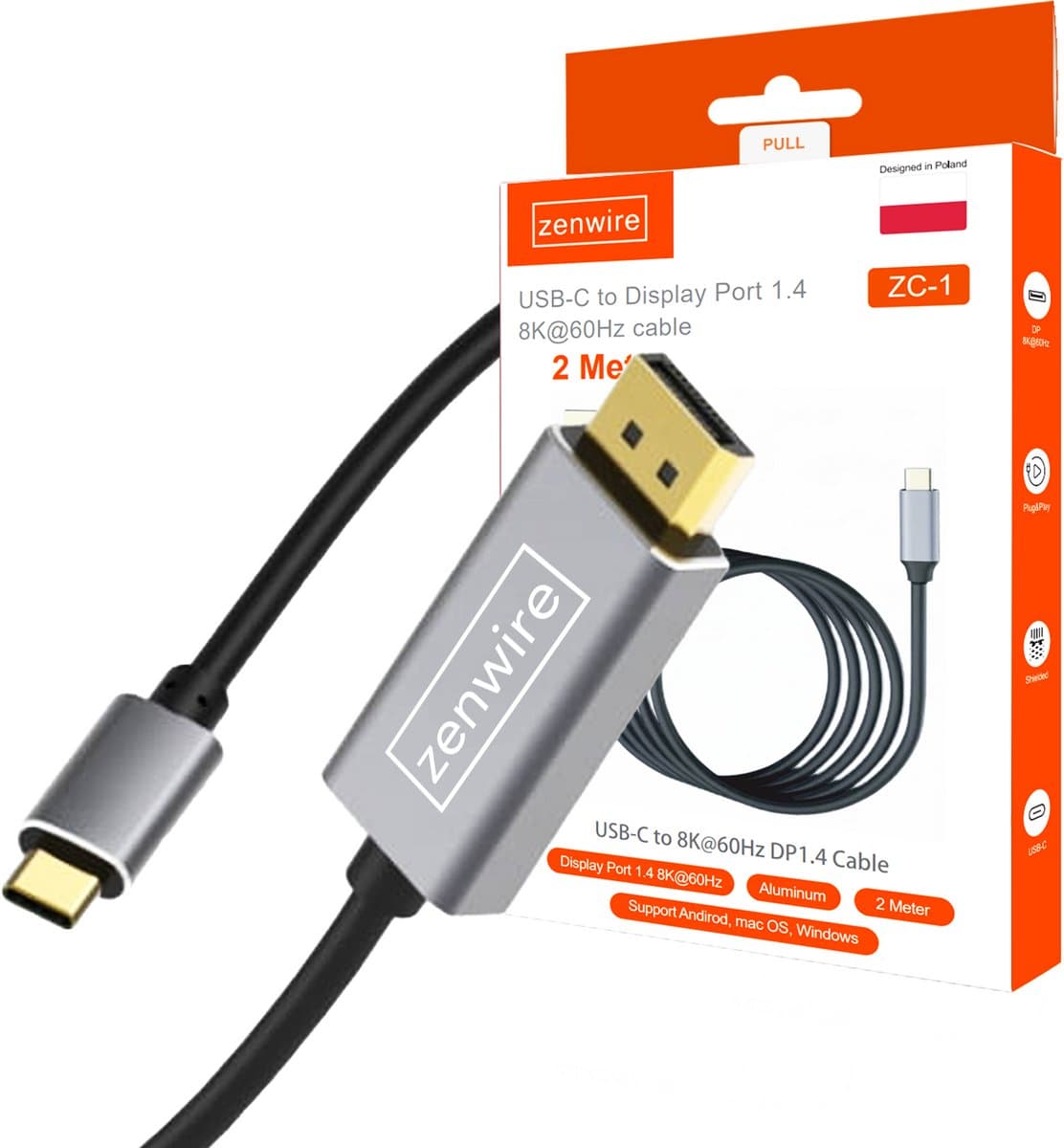 Zenwire ZC-1 Kabel - 2m - USB-C 3.1 - Thunderbolt 3.0 naar DisplayPort - converter kabel met 8K ondersteuning - Mirror Mode - Extended Mode - Plug & Play - Brede compatibiliteit