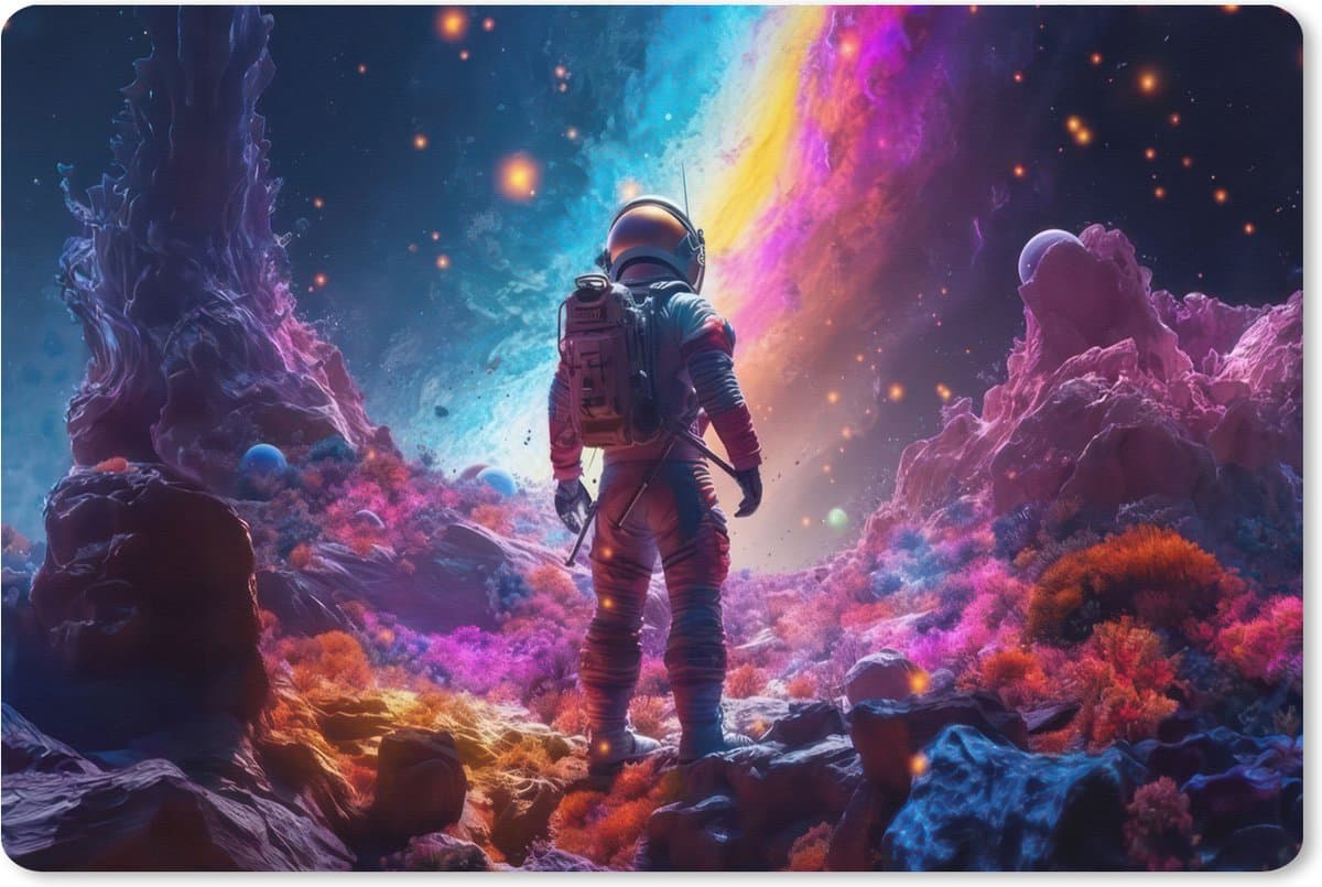 Muismat XXL 90x60 cm - Bureau onderlegger - Bureau mat Ruimte - Astronaut - Neon - Sterren - Bureaumat - Gaming mousepad xl - Bureaulegger groot - Computer deskmat - Geschikt voor Gaming Muis en Gaming PC set-up