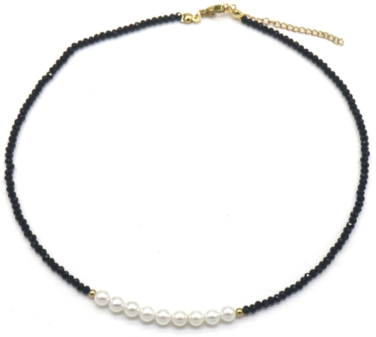 Ketting - Parels en Glaskralen - Lengte 39-44 cm - Zwart