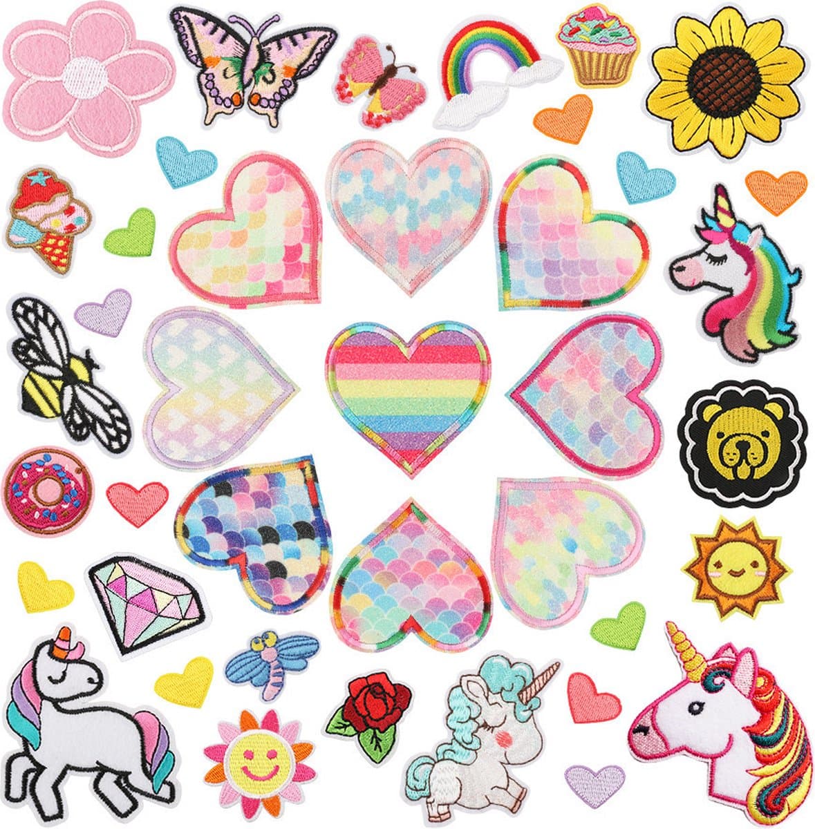 Hart/Regenboog/Eenhoorn/Bij/Diamant - 40 delige set -stof & strijk applicatie