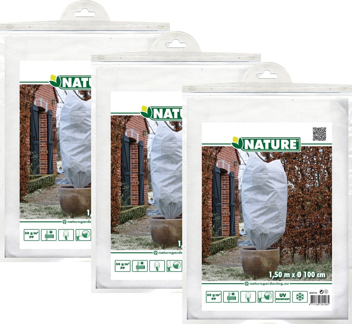 Nature plantenhoes met trekkoord - 3x stuks - H150 x D100 cm - wit - anti-vorst planten beschermhoes
