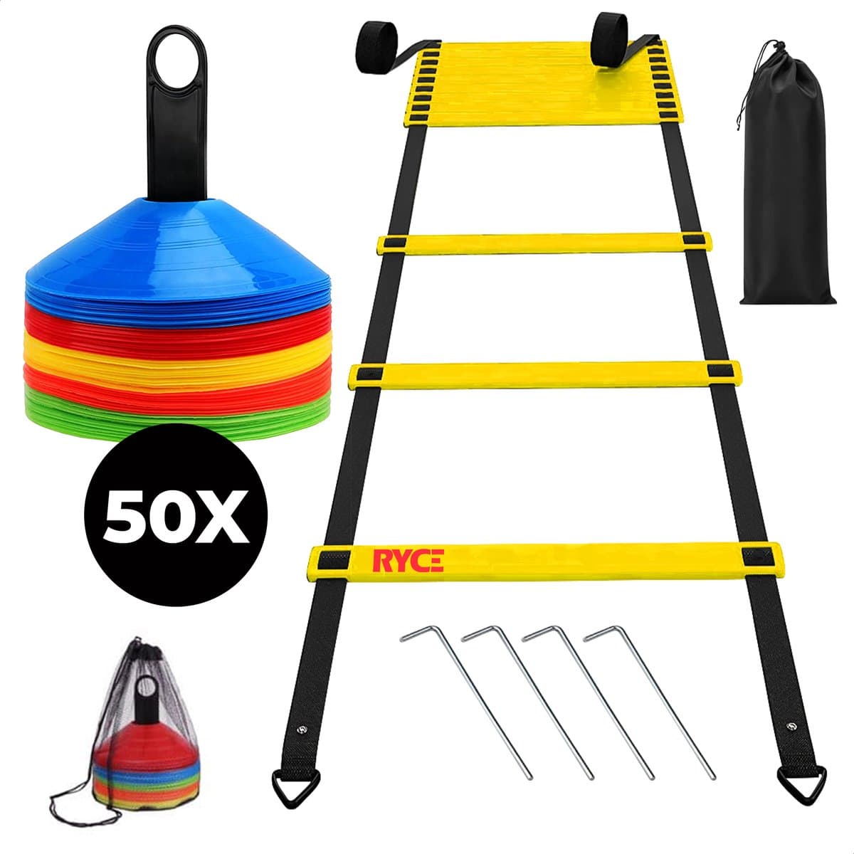 RYCE Sports - XL Training / Fitness Set - Trainingsladder 7 meter - Trainingshoedjes 50x - Voetbal spullen - Agility Speedladder - Fitness Loopladder - Pionnen - Voetbal - Trainingsmateriaal - Artikelen - Cones