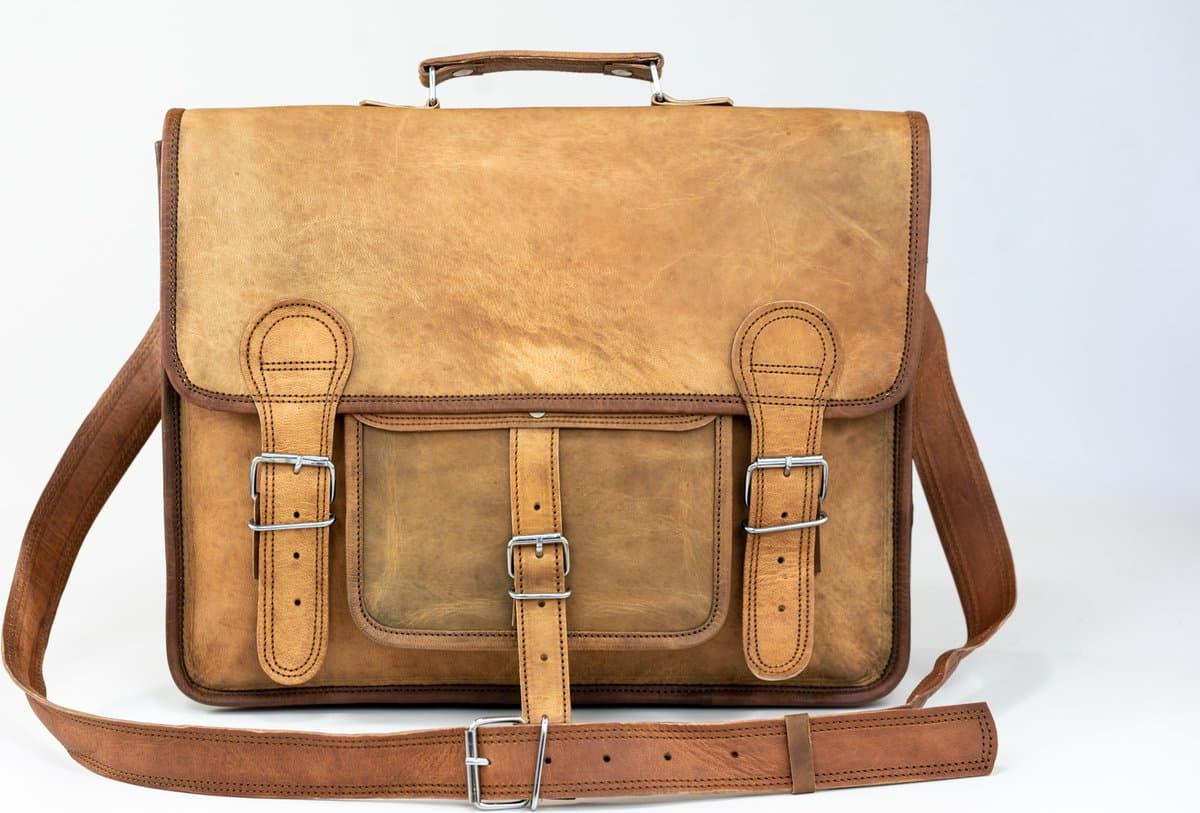 Laptoptas 15,6 inch “Granada” – Bruin ECHTE LEDER Messengertas - Unisex Vintage Look Satchel Working bag 42 x 29 x 11 cm (MODEL069)