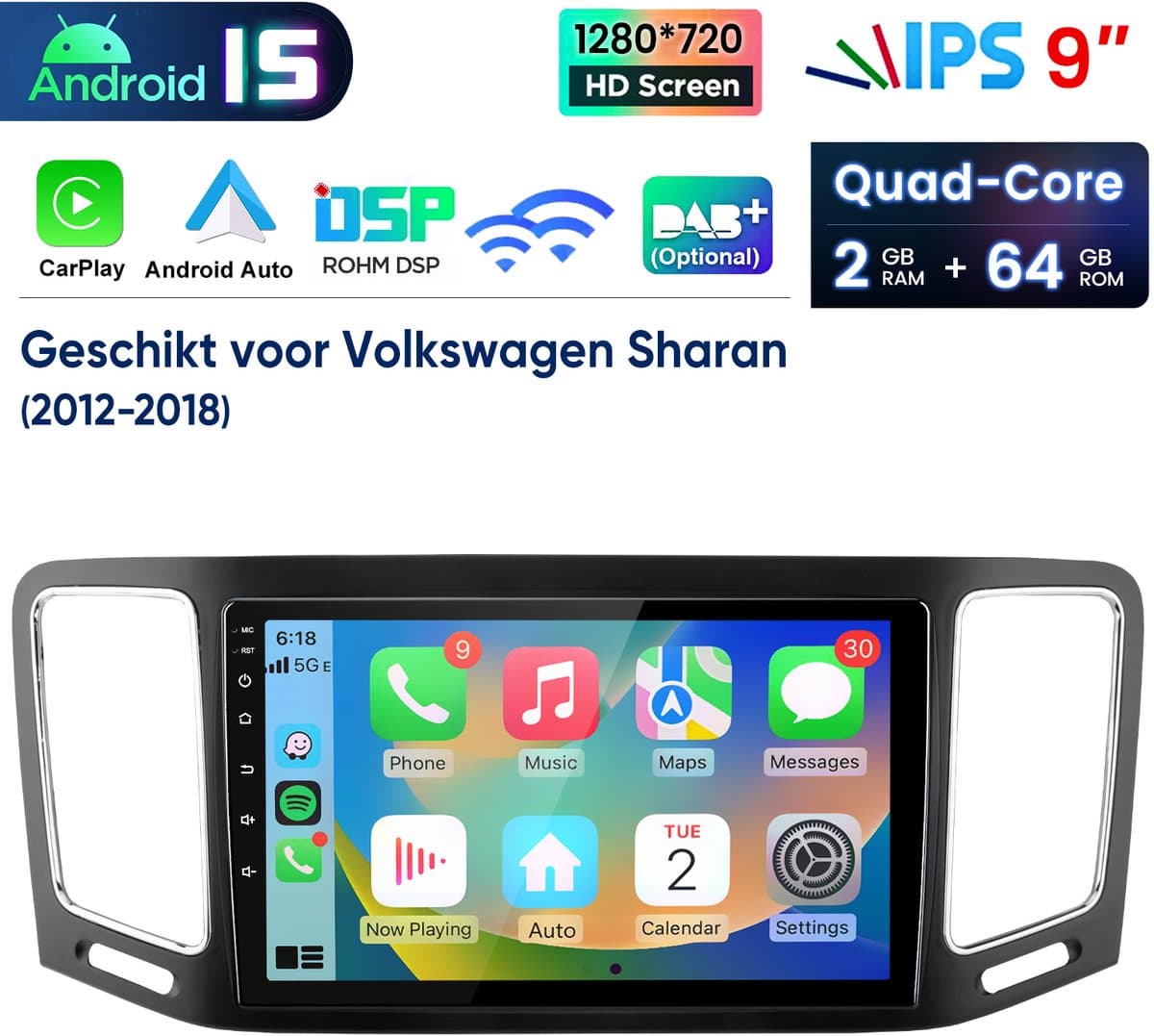 Junsun Android 15 Autoradio geschikt voor VW Sharan 2012-2018 Accessoires, 2GB+64GB, Draadloze CarPlay & Andriod Auto, DAB+, GPS-navigatiesysteem, Bluetooth, Stuurwielbediening, WiFi, 9-inch Touchscreen, DSP, Quad core processor