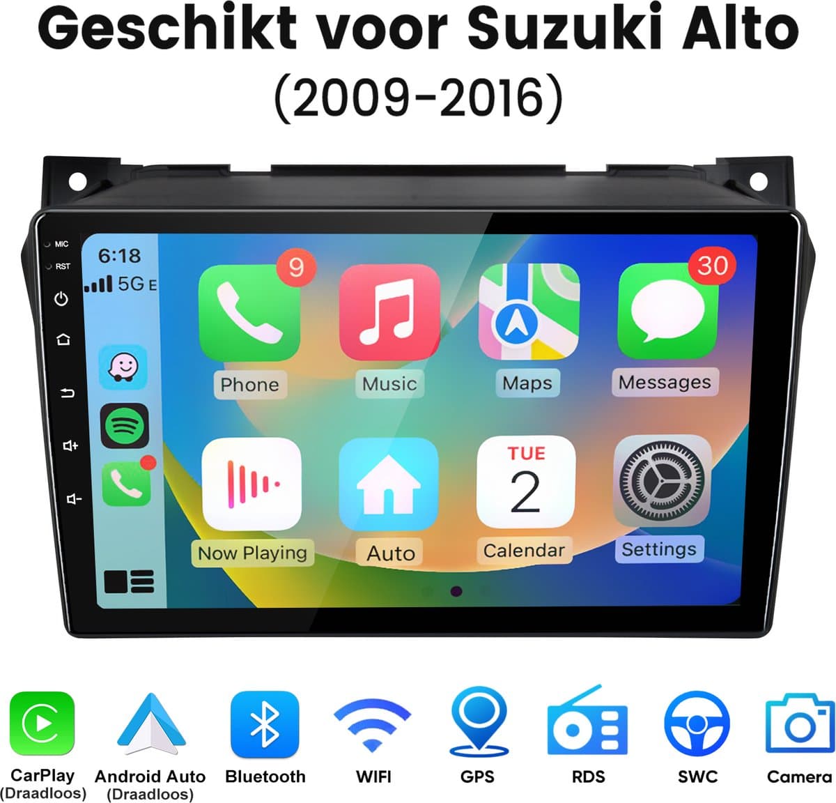 Junsun Android 15 autoradio Geschikt voor Suzuki Alto 2009-2016 Accessoires , 4GB+64GB, GPS-navigatie, WIFI, Bluetooth, Draadloze CarPlay, Android Auto, RDS, DSP, FM, stuurwielbediening, DAB+,9-inch HD Touchscreen, DSP, Octa-core processor