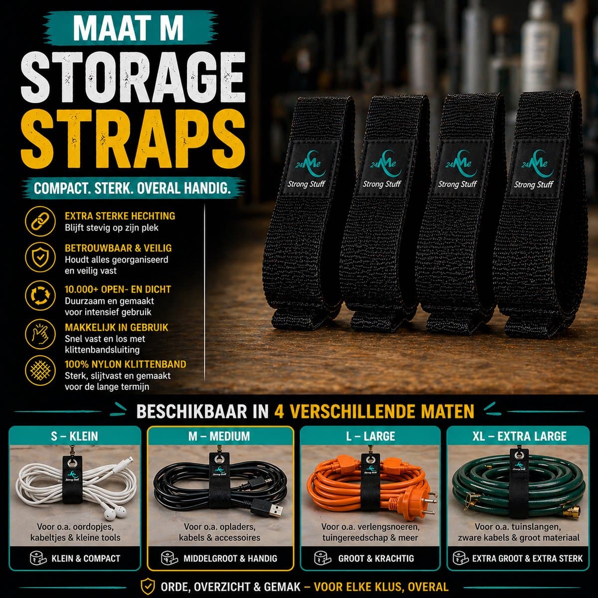 24ME® 4x Heavy Duty Storage Straps - Maat M - Klittenband Binders met Ring - Ultra Strong Velcro - Organizers - Slijtvast