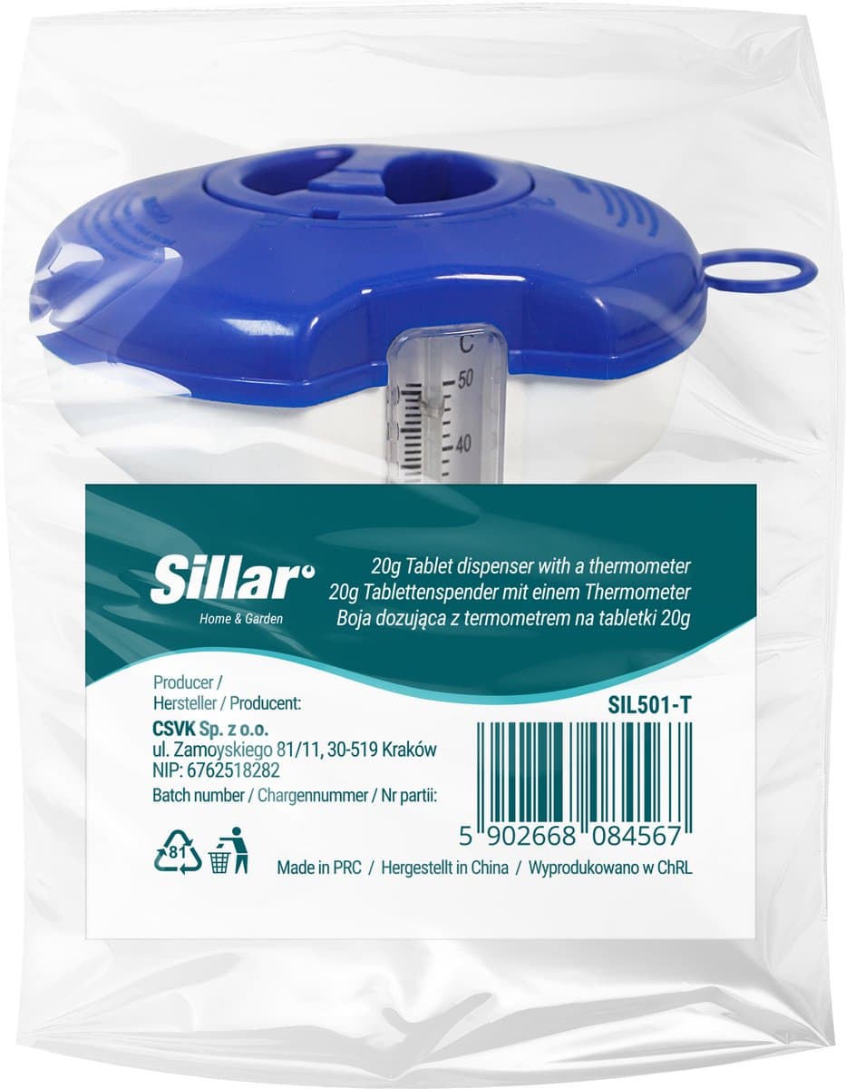 Sillar Chloordispenser Zwembad met Thermometer – Drijvende Doseerder voor Chloortabletten en Actieve Zuurstof 20 g – 5-Standen Waterdoorlaat Regeling – Blauw/Wit