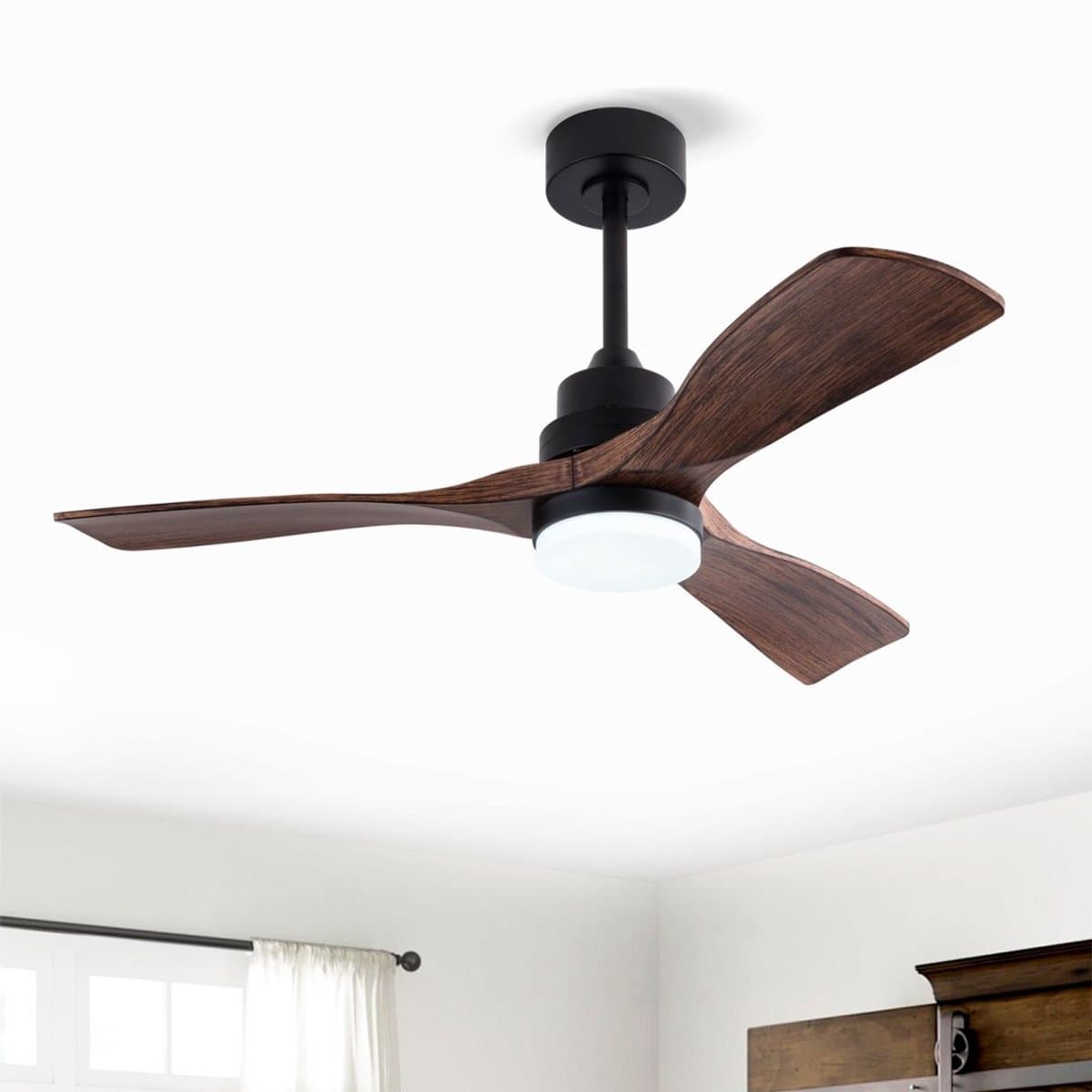 42 inch Plafondventilator Zwart/Walnoot - Met LED Licht & Afstandsbediening, 3 Bladen, Stille DC Motor