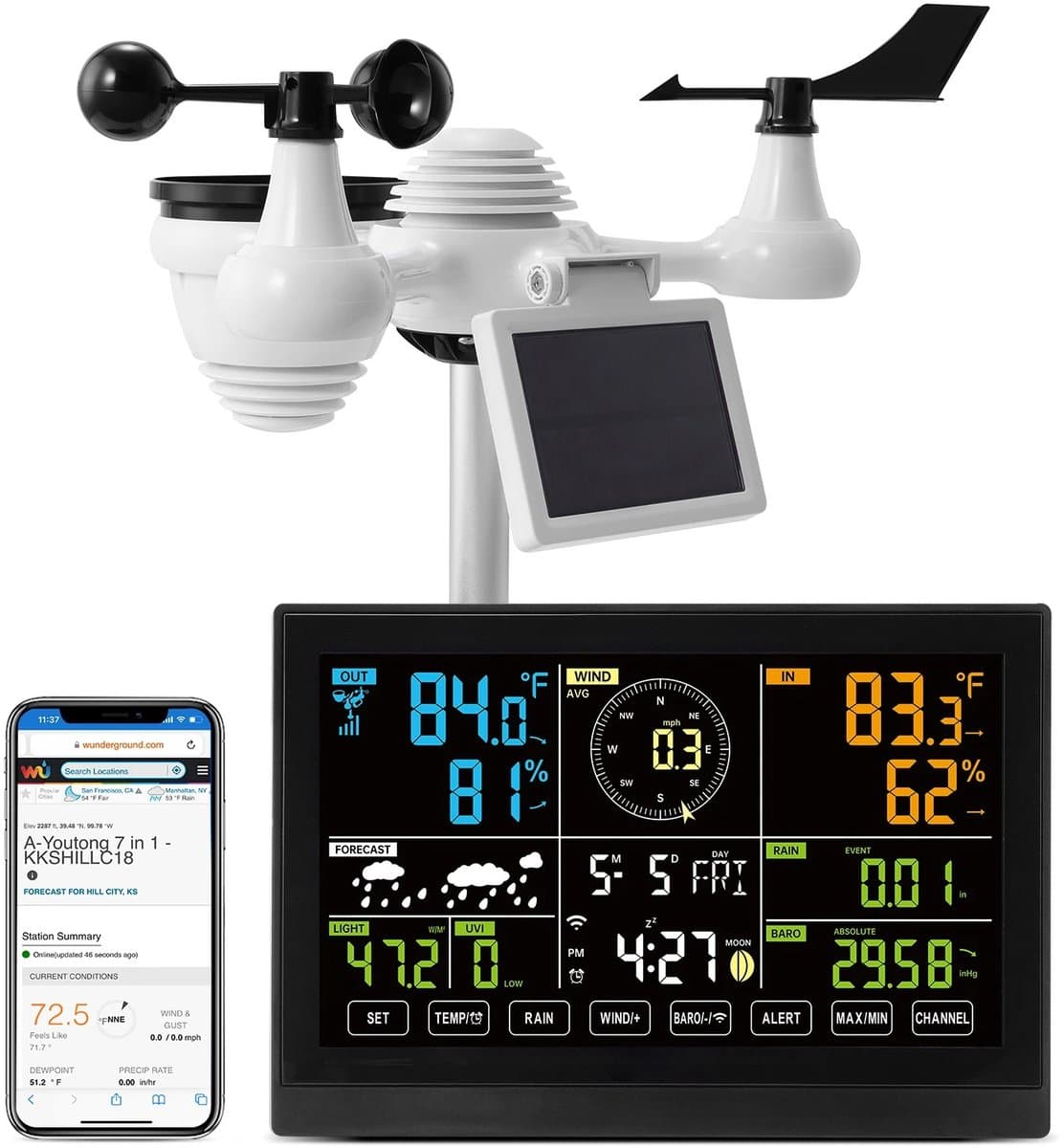 NordHaus WiFi Weerstation - Draadloos Weerstation - Weermeter - 7-in-1 Sensor met App Monitoring - 7,5 Inch Display