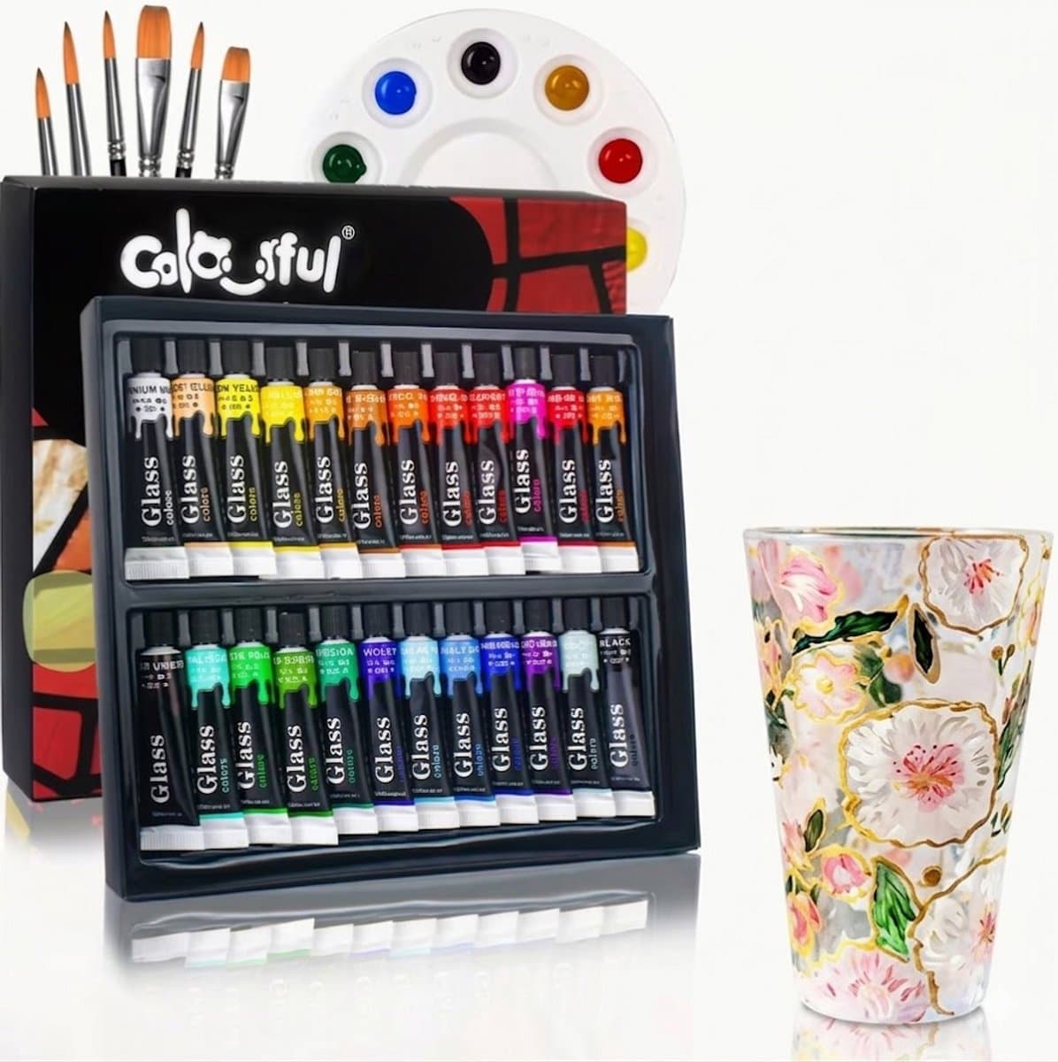 Glasverf Set Compleet - Porselein- en Keramiekverf - 24 Levendige Kleuren - Hobbyset Volwassenen & Kinderen - Inclusief Schilderspalet & Kwasten
