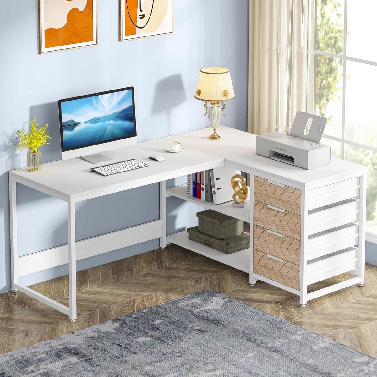 Bureau L-vormig Hoekbureau Computerbureau met 4 Laden en 2 Planken – Omkeerbaar Industrieel Gaming Bureau Wit 180 x 60 x 76 cm – Ruim Thuiskantoor Bureau voor Werken, Studeren en Gaming – House&Garden